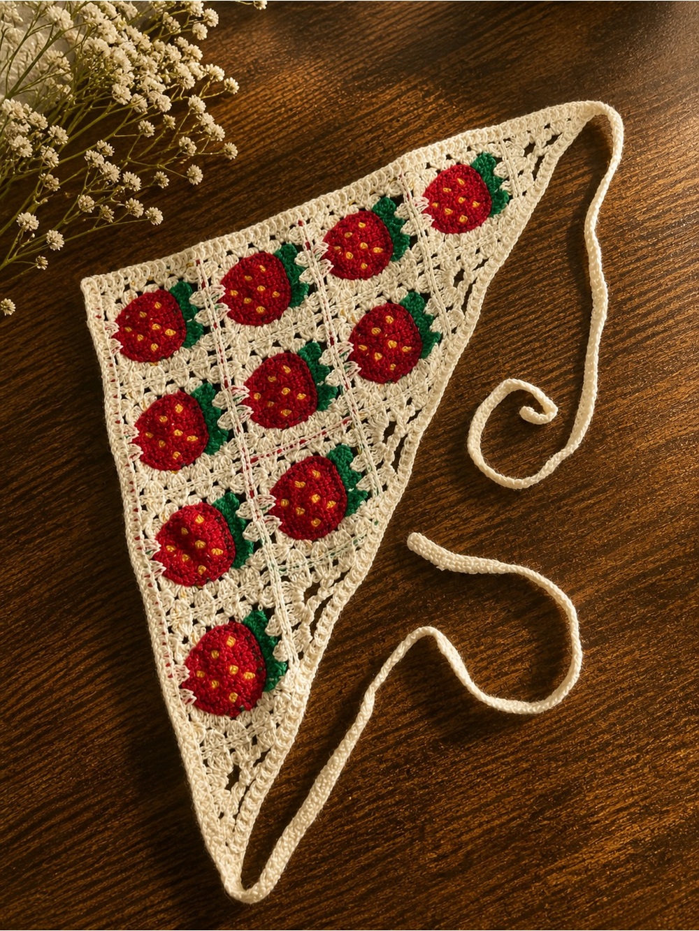 Handmade Cream Crochet Strawberry Bandana